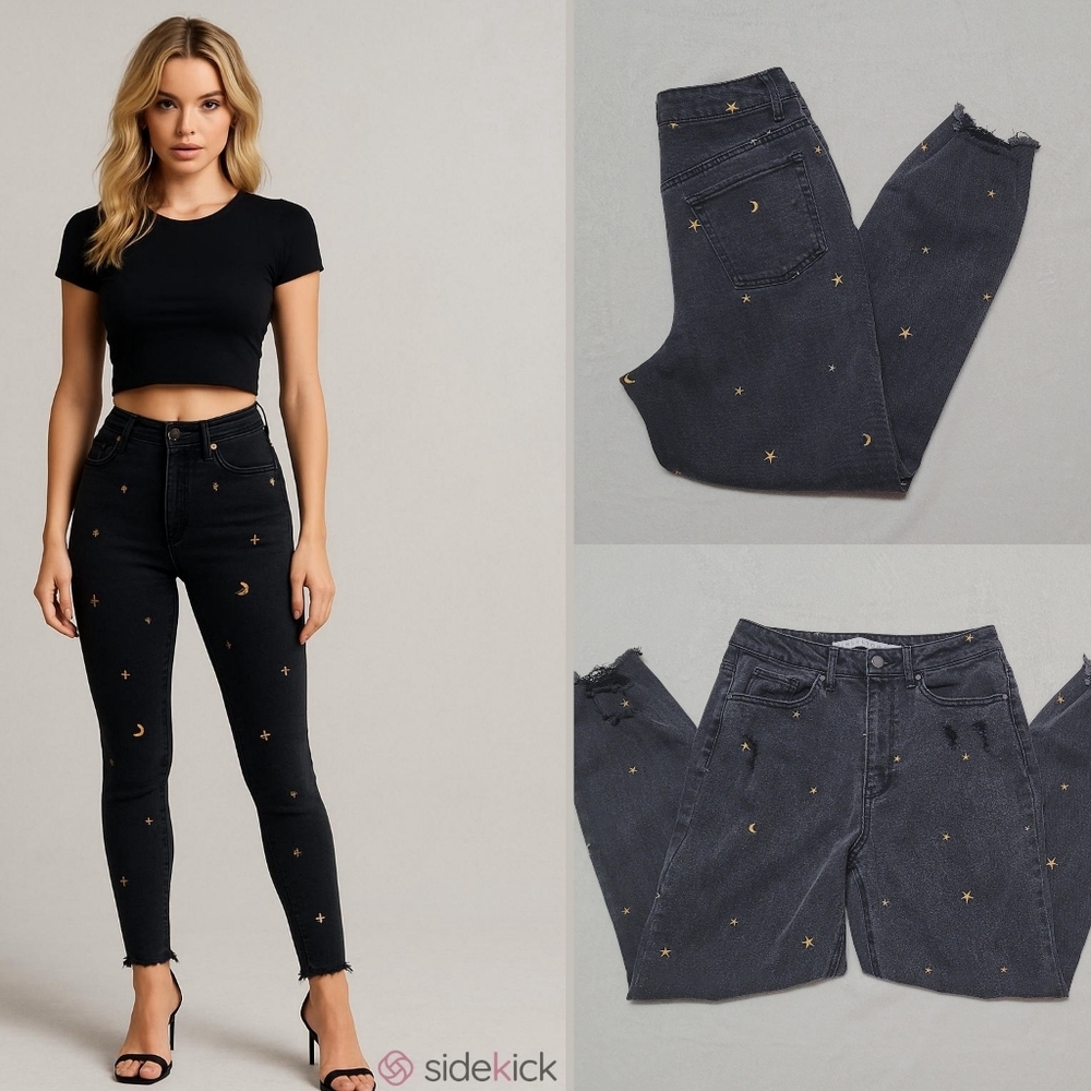 Tinseltown Black Stretchy Gold Embroidered Moon Stars Cropped Jeans L
